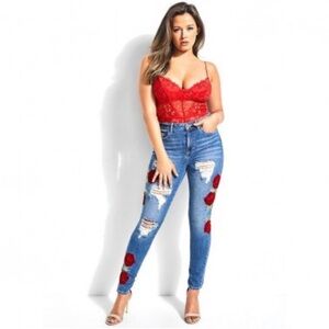 Women's Blue Distressed Jeans with Red Rose Embroidery and red velvet